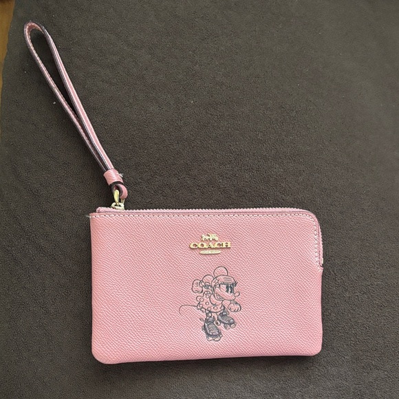 Coach Pink Minnie Mouse Wristlet Pouch with Gold Logo
